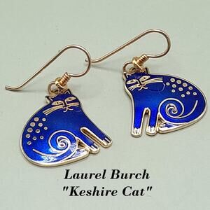 Vintage Laurel Burch "Keshire Cat" Drop Earrings, Blue Enamel, Gold Plate